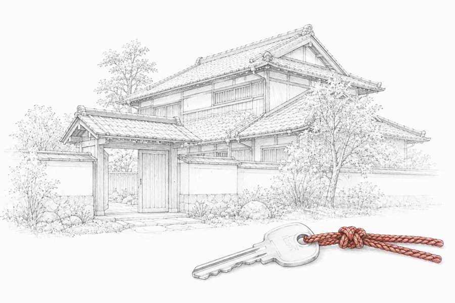日本家屋と朱の組紐を結んだ鍵の墨線画