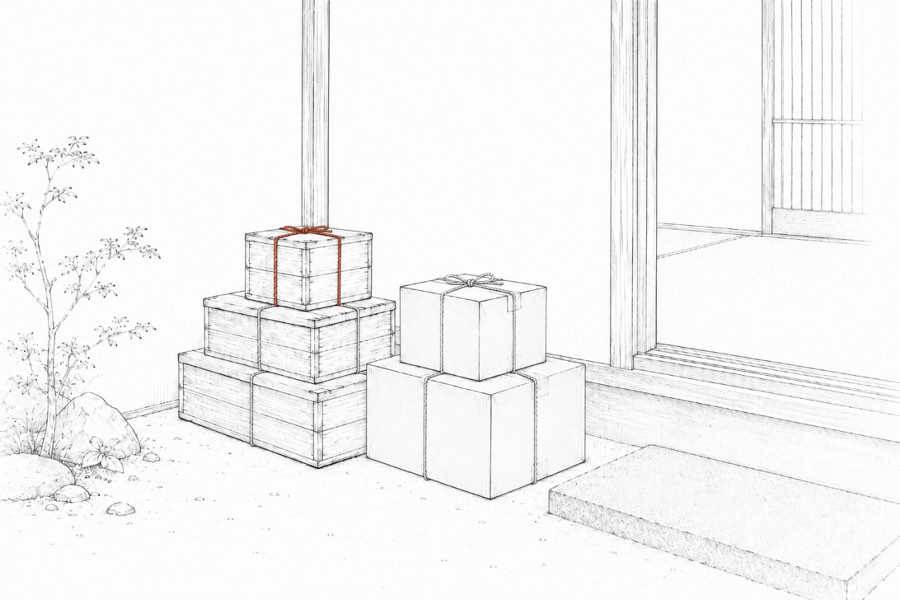 積まれた木箱と朱の縄の墨線画