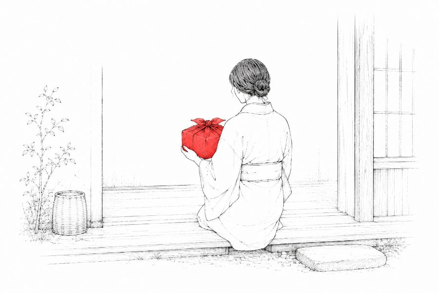 玄関先で風呂敷を抱える人物の墨線画