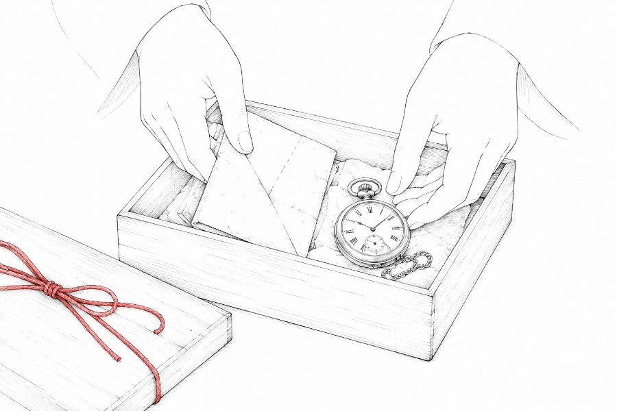 桐箱と懐中時計の墨線画