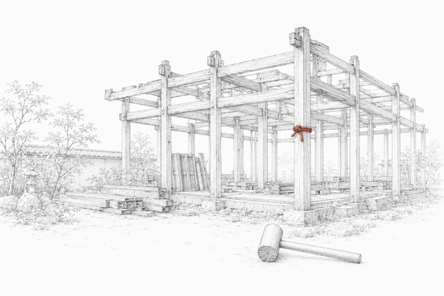 素屋根の木組みと木槌の墨線画