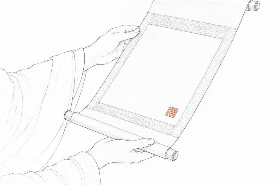 掛軸を検分する手元の墨線画