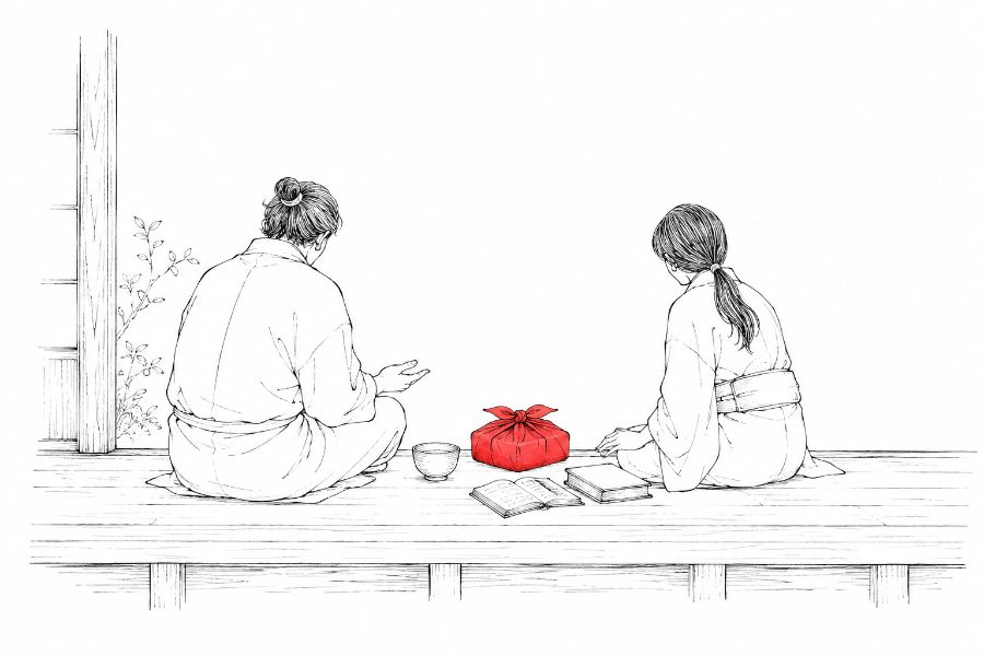 縁側の二人と朱の風呂敷の墨線画